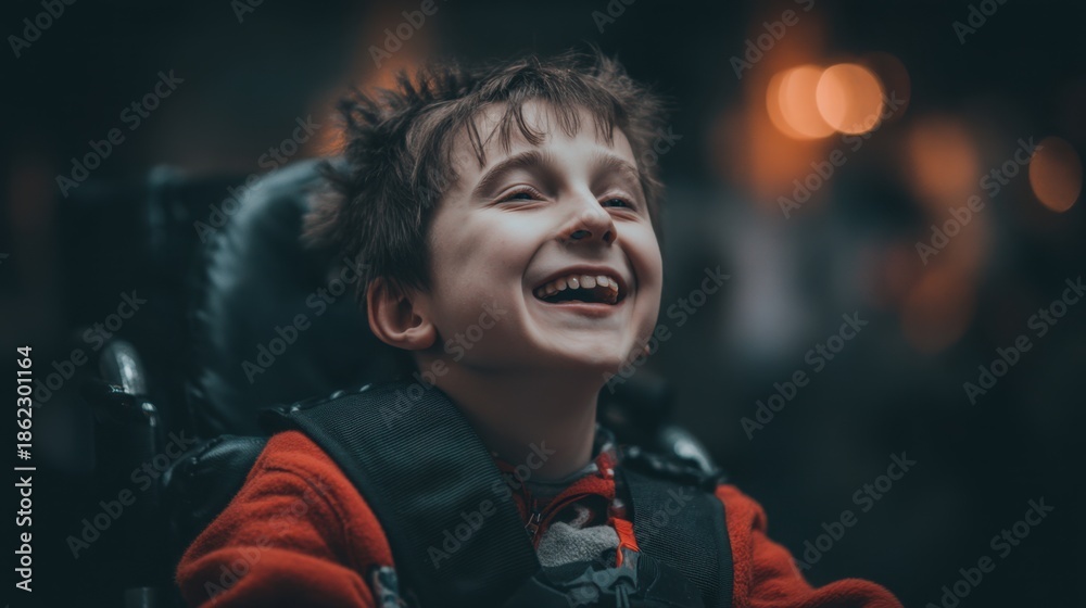 Obraz premium A boy in a wheelchair is smiling joyfully at an indoor gathering. The setting has warm lighting and a friendly atmosphere. His happiness is clear as he engages with his surroundings.
