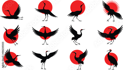 Collection of twelve elegant black silhouette cranes standing or flying against bright red circular sun background