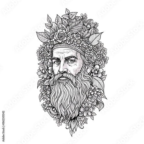 Intricate black and white illustration of a wise bearded man adorned with a lush floral crown, a detailed nature-inspired portrait perfect for artistic projects