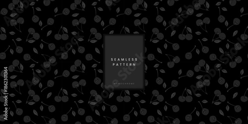 Hand drawn seamless pattern featuring dark grey cherries with stems and leaves on a black background or dark monochrome texture