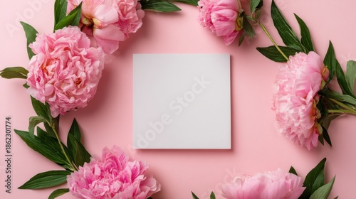 Pink peonies are arranged around a blank card on a pink surface. The flowers are fresh and vibrant creating a space for messages or notes. Suitable for different events.