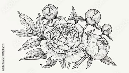 Detailed line drawing of a peony flower bouquet with buds and leaves.