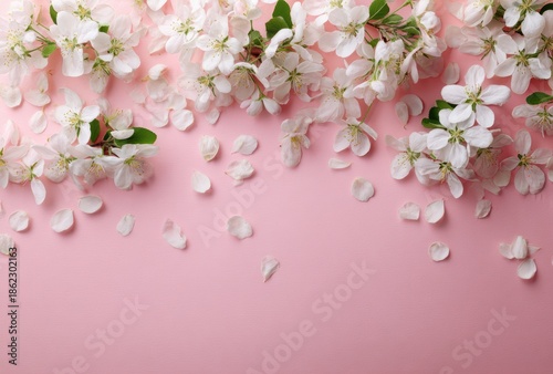 Dense Cluster of White Apple Blossoms on Pink Background with Falling Petals and Large Copy Space

