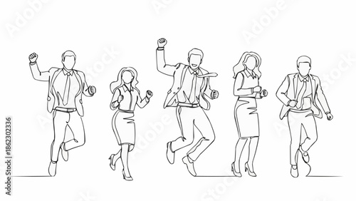 Diverse group of business people celebrating success with energetic poses.