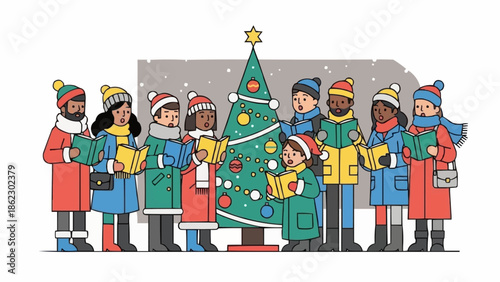 Diverse group of children and adults singing Christmas carols around a decorated tree.