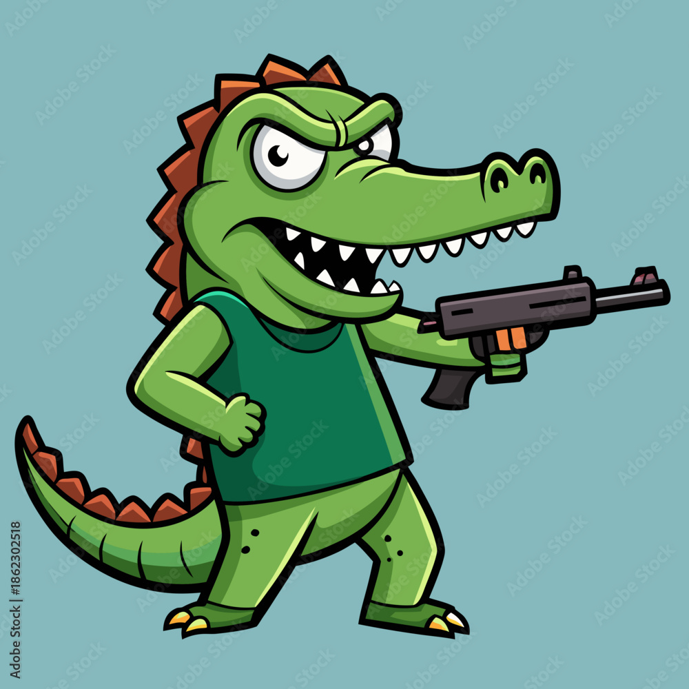 Fototapeta premium Cartoon crocodile holding gun in aggressive stance