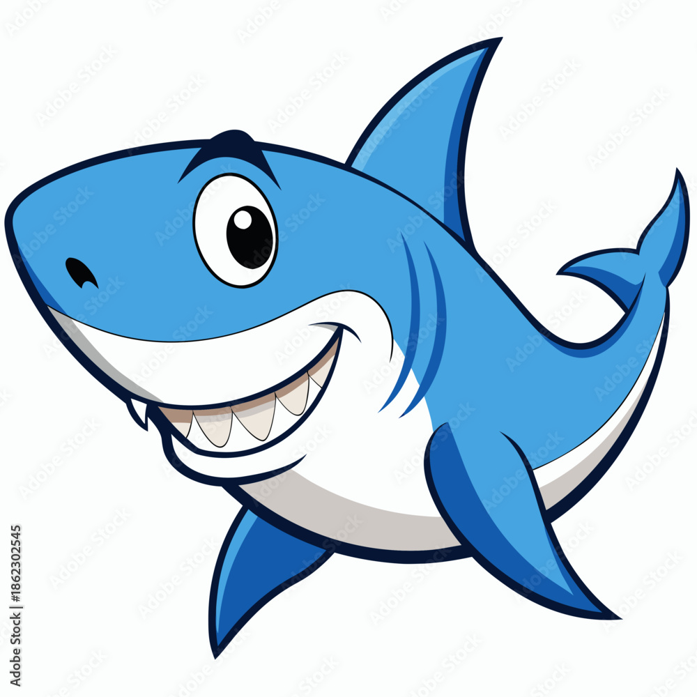 Fototapeta premium Smiling cartoon shark with big eyes and fins swimming happily