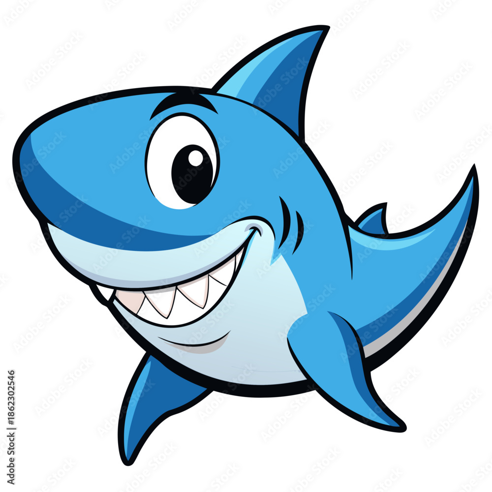 Obraz premium Friendly cartoon shark with a big smile and sharp teeth swimming
