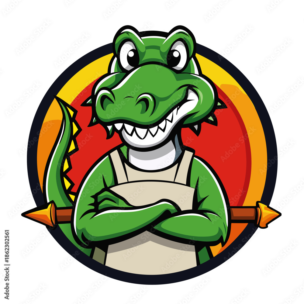 Obraz premium Friendly cartoon alligator wearing apron with playful crossed arms