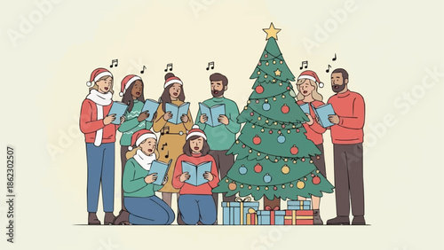 Diverse group of people singing Christmas carols around a decorated tree.