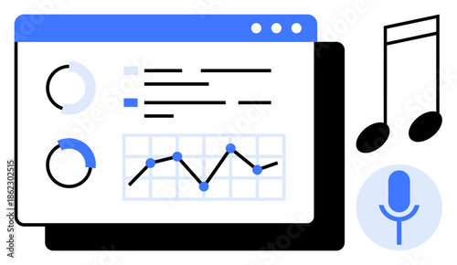 Audio technology, music insights, data tracking, sound monitoring, digital tools, voice recording. Dashboard with graphs, notes and a microphone icon. Audio technology and music insights concept