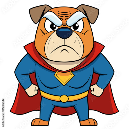 Cartoon bulldog superhero with angry expression and cape standing strong