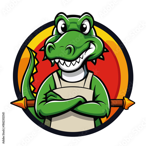 Friendly cartoon alligator wearing apron with playful crossed arms