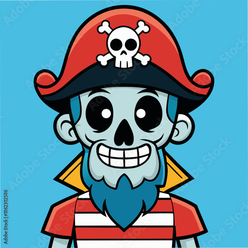 Cartoon pirate skeleton with skull hat and blue background