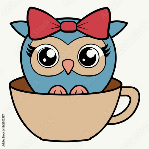 Cute cartoon owl with bow in teacup for whimsical designs