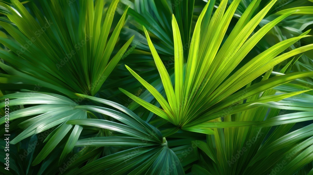 Fototapeta premium Dense green leaves fill the scene showcasing various shapes and shades. Light filters through the leaves creating a lively environment in a natural setting.