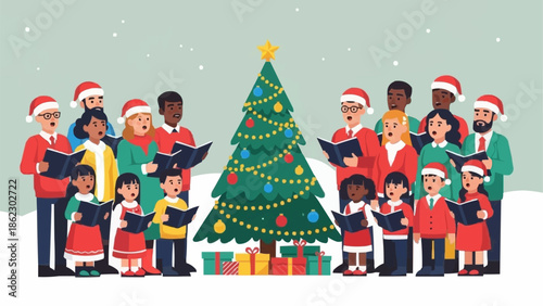 Diverse Group of People Singing Christmas Carols Around a Decorated Tree.