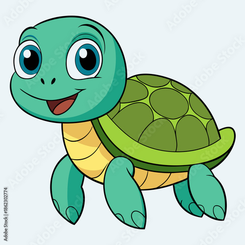 Smiling cartoon turtle with big eyes and green shell walking