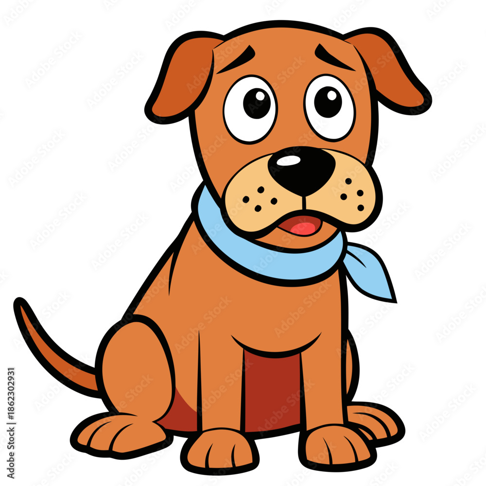 Fototapeta premium Cute brown dog with blue scarf looking surprised