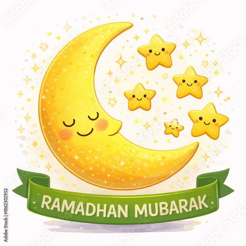 A serene cartoon crescent moon with a smiling face surrounded by stars on a white background