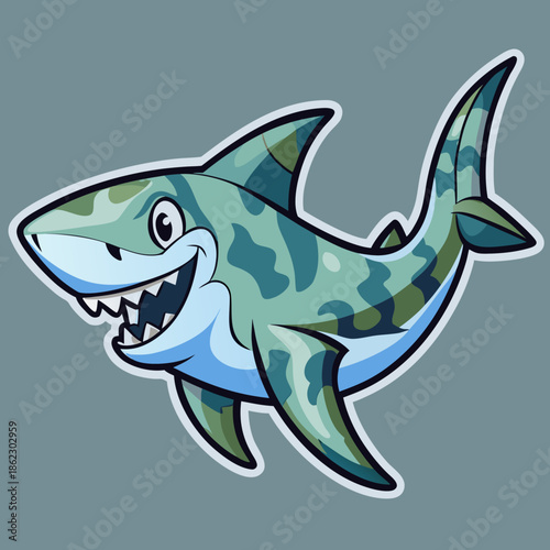Smiling cartoon shark in green camouflage sticker
