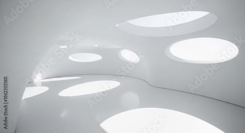 White, curved interior space with oval openings, creating soft light and shadow play.  Showcase design, ideal for minimalist or modern concepts. Free space for text or product placement.