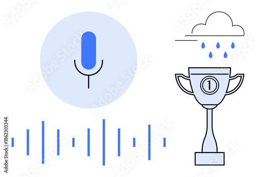 Voice recognition. Microphone and sound waves voice recognition concept. Trophy achievement, success integration with technology. For AI, innovation, competition, app design, motivation