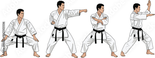 Karate martial artist performing traditional kata movements, disciplined self defense training, strength, balance, focus, and martial arts practice