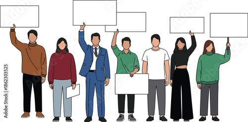 People holding blank protest signs together, group demonstration for rights and freedom, social movement activism concept illustration