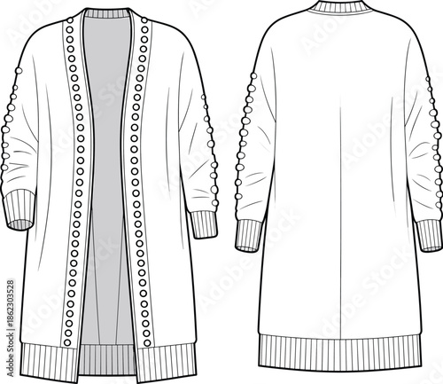Cad drawing flat vector illustration, women's long open cardigan sweater, pom-pom details on sleeves, ribbed cuffs and hem, fashion template