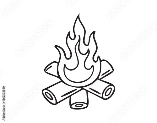 Cozy autumn doodle set with bonfire with fire, line art monochrome hand drawn outline