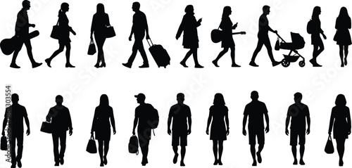 People walking silhouettes set, urban lifestyle movement, daily activities crowd illustration, modern city life concept, diverse walking characters