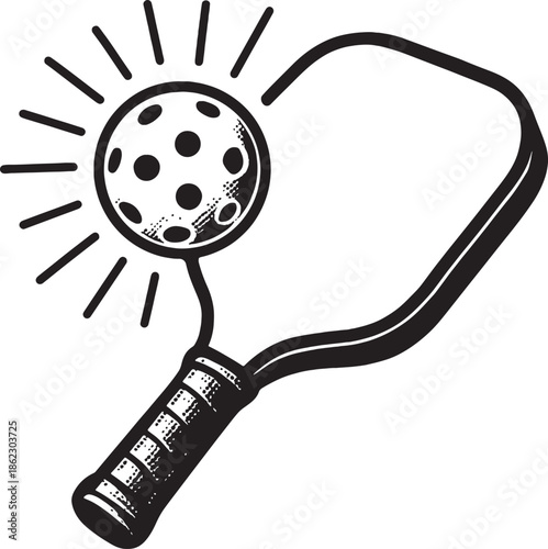 Pickleball paddle and ball icon in vintage style. Racket sports equipment for outdoor play. Graphic design for tournament or competition flyer.