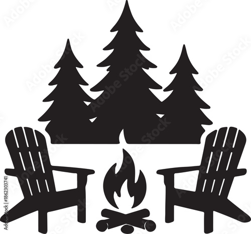 Campfire silhouette with adirondack chairs and pine trees. Outdoor camping scene in wild forest. Cozy bonfire evening in nature landscape concept.