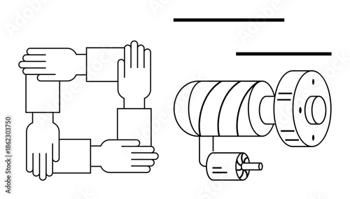 Four interconnected hands symbolize teamwork next to a mechanical gear system. Ideal for collaboration, machinery, engineering, innovation, community, technology, manufacturing. Simple flat metaphor