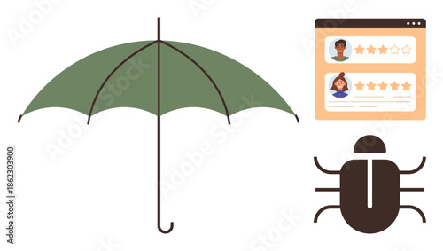 Green umbrella representing protection, error bug symbol for technical issues, and profile reviews with star ratings. Ideal for feedback, protection, security, improvement, evaluation