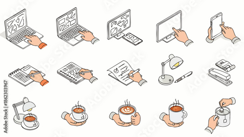 Isometric line art icons of hands interacting with office technology, documents, and enjoying coffee or tea, representing daily work and leisure activities.