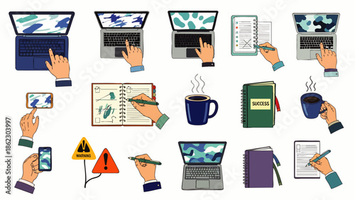 Vector set: Hands interacting with laptops, smartphones, tablets, and office items. Depicts digital work, online communication, productivity, and safety warnings.