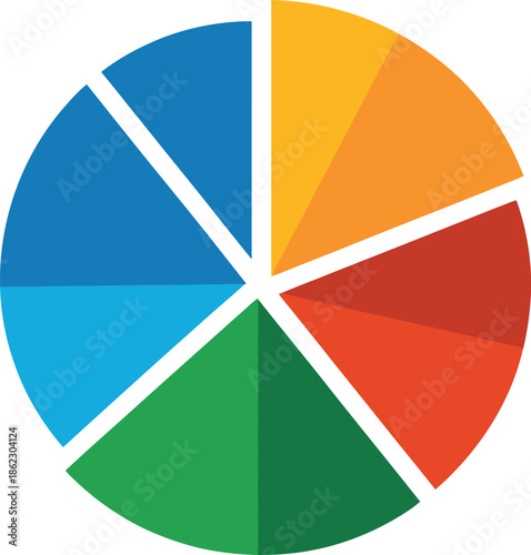 Colorful pie chart divided into seven segments for visualizing proportional business data distribution shares