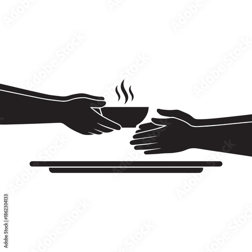 Hands exchanging hot bowl of food over table