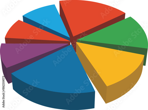 Colorful three dimensional pie chart diagram isolated on transparent background for data presentation and financial reports
