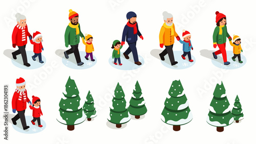 Isometric winter walk set: diverse adults and children in warm clothes, holding hands, walking outdoors. Snow-covered evergreen trees. Winter family activity.