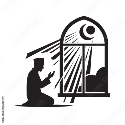 Man in prayer silhouette with crescent moon window