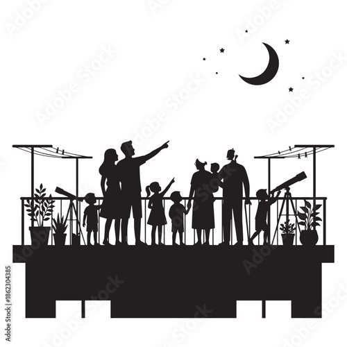 Family stargazing together on rooftop at night