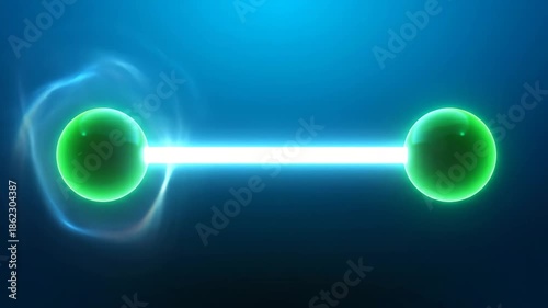 Abstract Animation of Two Connected Glowing Green Particles Emitting Energy.