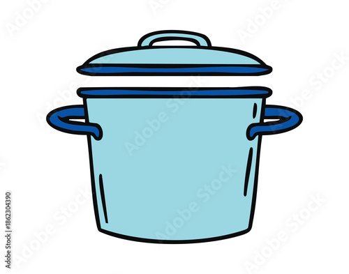 Blue cooking pot with lid, cozy hand drawn doodle style.