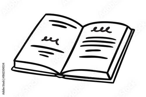 Open book line art outline, monochrome hand drawn.