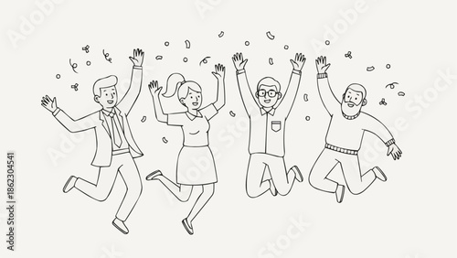 Group of diverse people celebrating with confetti falling around them.