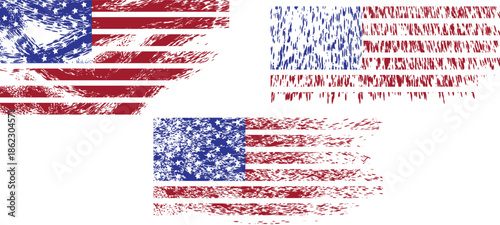 Distressed american flags with varying textures and abstract patterns on black