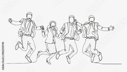 Four Business People Jumping Joyfully in a Single Line Drawing.